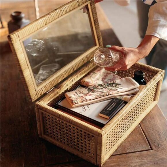 Boho Rattan Display Storage Boxes Set Decorative Organizer with Glass Lids - Picture 6 of 8